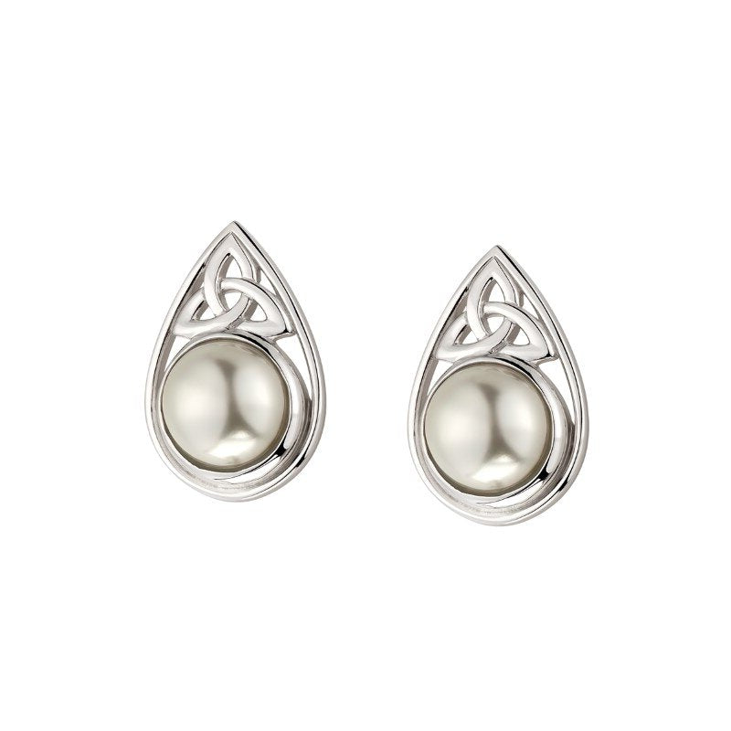 Sterling Silver Glass Pearl Trinity Knot Stud Earrings