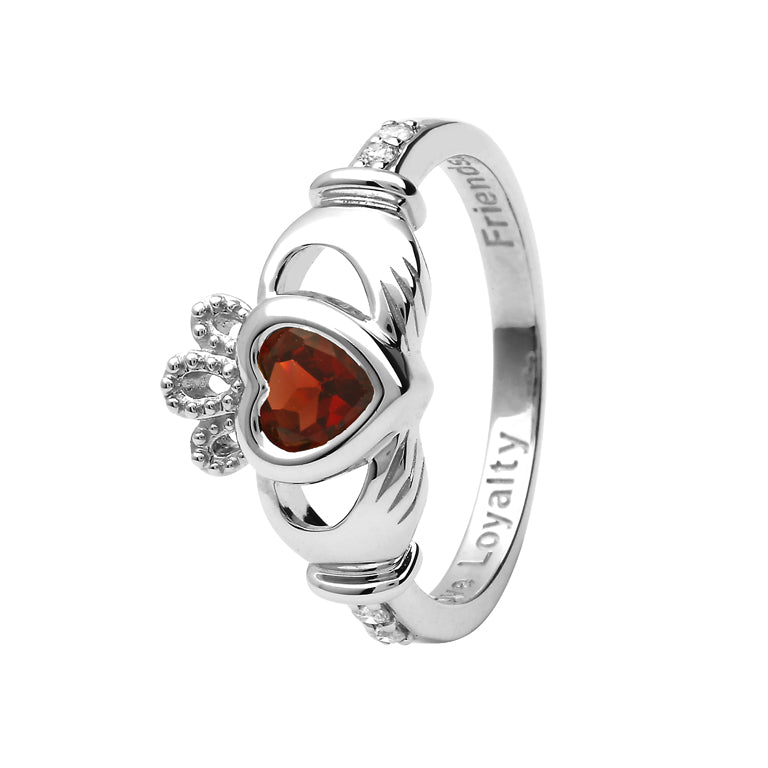 14ct White Gold Garnet January Birthstone Claddagh Ring