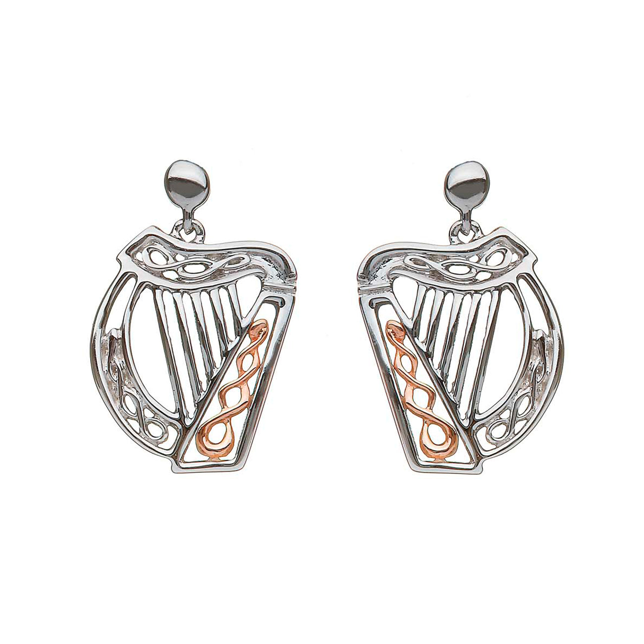 Sterling Silver and Rose Gold Irish Harp Earrings
