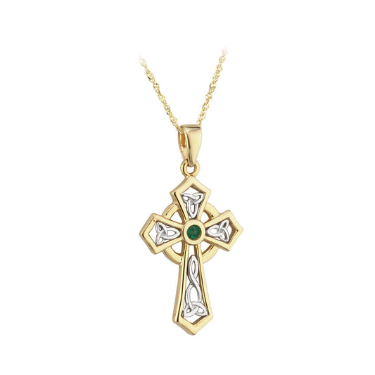 14ct Yellow and White Gold Emerald Celtic Cross Pendant