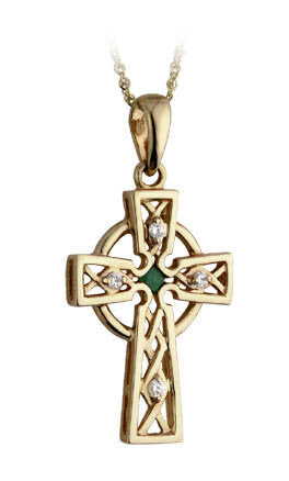 9ct Yellow Gold Emerald and Cubic Zirconia Celtic Cross Pendant