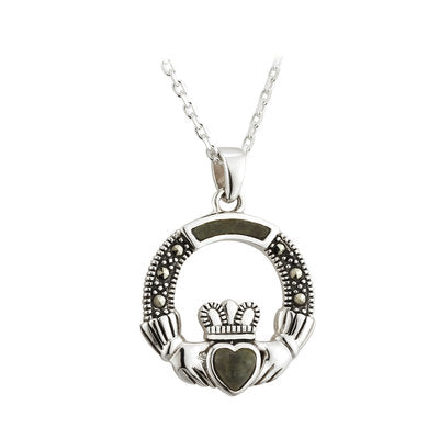 Sterling Silver Connemara Marble Marcasite Claddagh Pendant