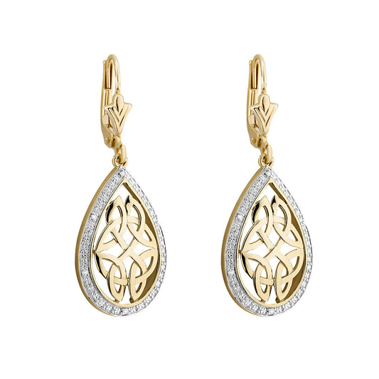 10ct Gold Diamond Oval Celtic Knot Drop Earrings