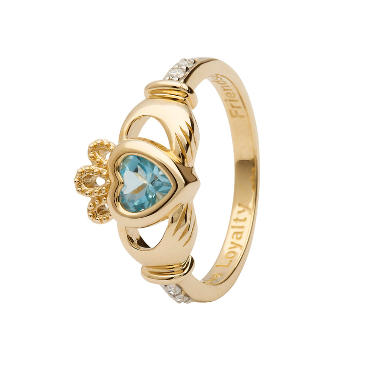 14ct Yellow Gold Blue Topaz December Birthstone Claddagh Ring with Diamonds