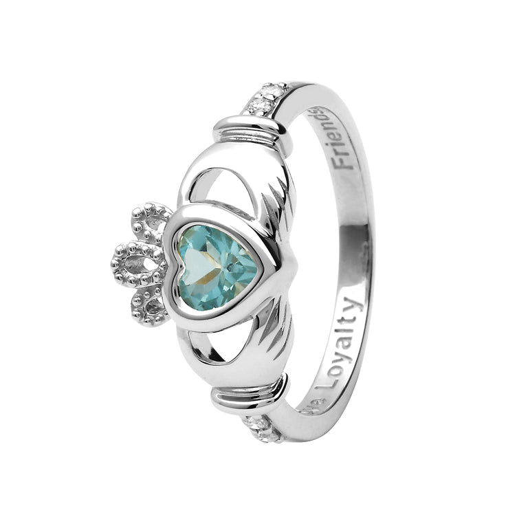 14ct White  Gold Blue Topaz December Birthstone Claddagh Ring with Diamonds