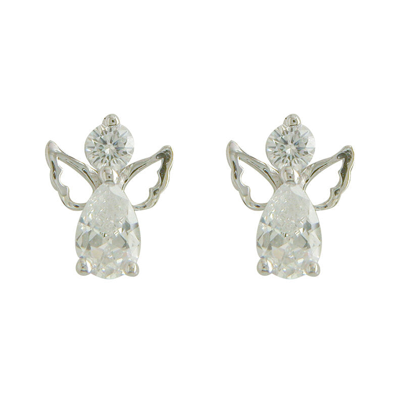 Kids Sterling Silver Cubic Zirconia Angel Stud Earrings