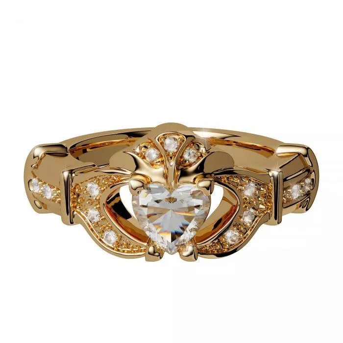14ct Yellow Gold Diamond Claddagh Ring