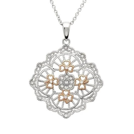 Sterling Silver Irish Lace Rose Gold Shamrock Pendant Necklace