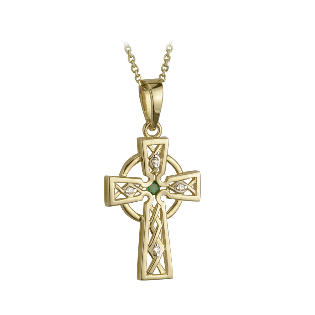 14ct Yellow Gold Diamond & Emerald Celtic Cross