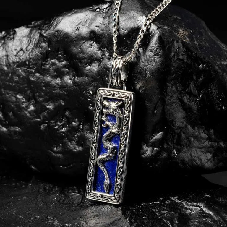 Men's Sterling Silver Blue Lapis Dragon Pendant