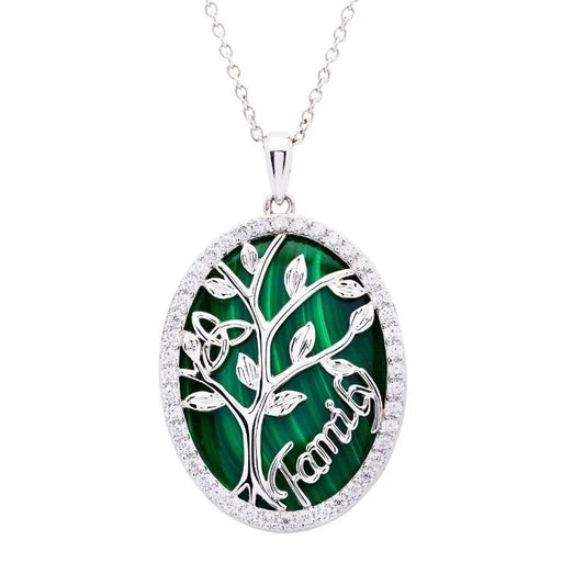 Sterling Silver Oval Malachite Tree of Life Pendant