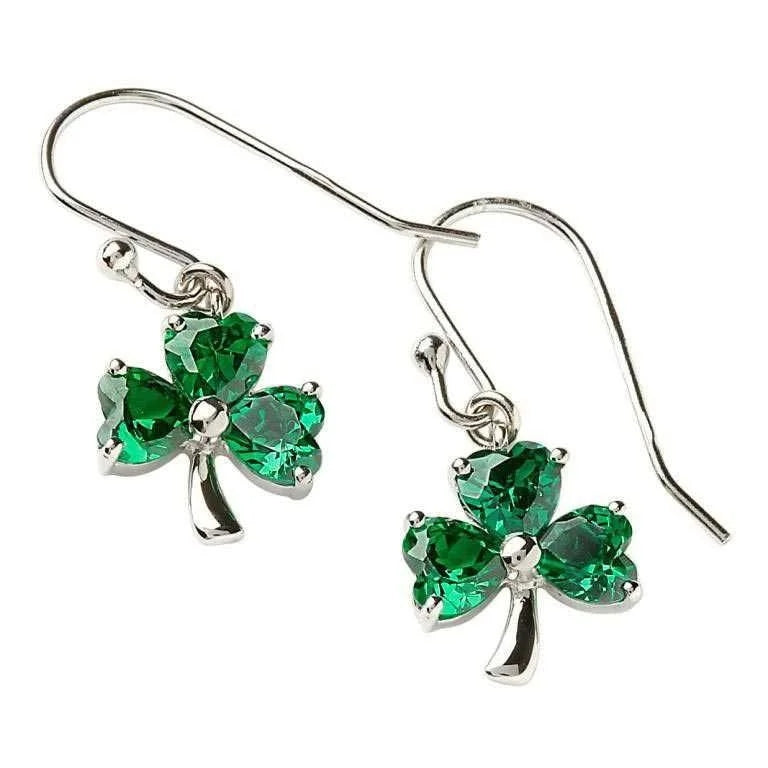 Sterling Silver Green Cubic Zirconia Shamrock Earrings