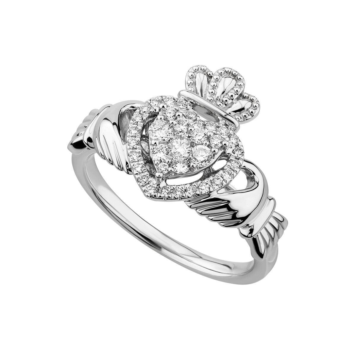 14ct WhiteGold Diamond Heart Claddagh Ring