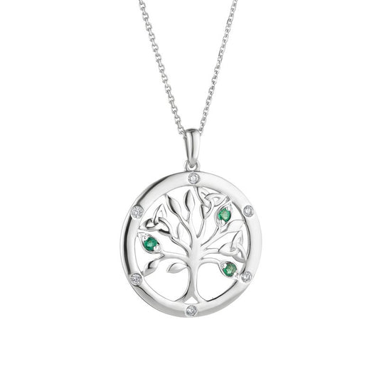 14ct White Gold flush set Diamond and Emerald Tree of Life Necklace