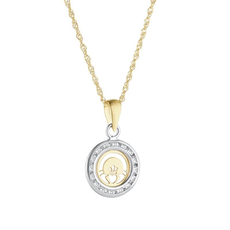 10ct Yellow and White Gold Cubic Zirconia Claddagh Pendant