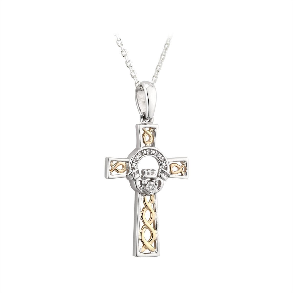 Sterling Silver & 10ct Gold Diamond Claddagh Celtic Cross Pendant