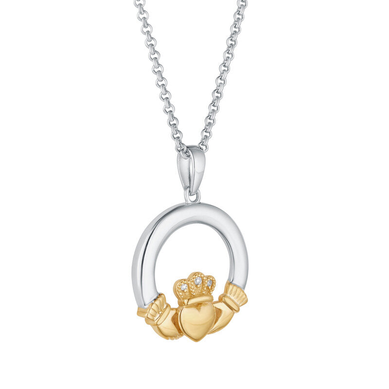10ct Gold and Sterling Silver Diamond Claddagh Pendant