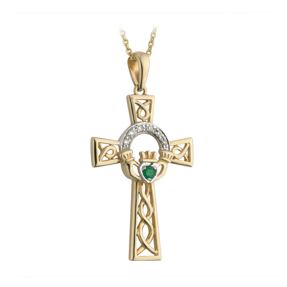 14ct Gold Diamond and Emerald Claddagh Cross Pendant