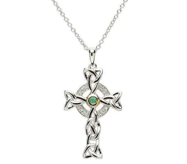Sterling Silver Trinity Diamond and Emerald Cross Necklace