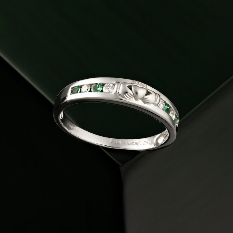 14ct White Gold Diamond & Emerald Claddagh Eternity Ring