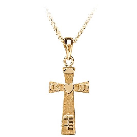 Yellow Gold Ogham and Claddagh Cross Pendant