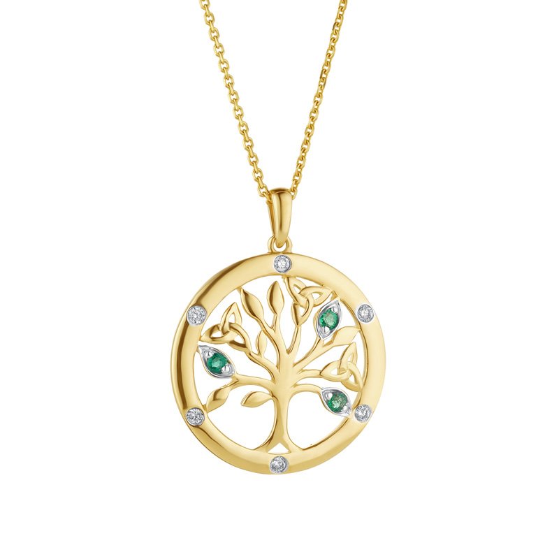 14ct Gold flush set Diamond and Emerald Tree of Life Necklace