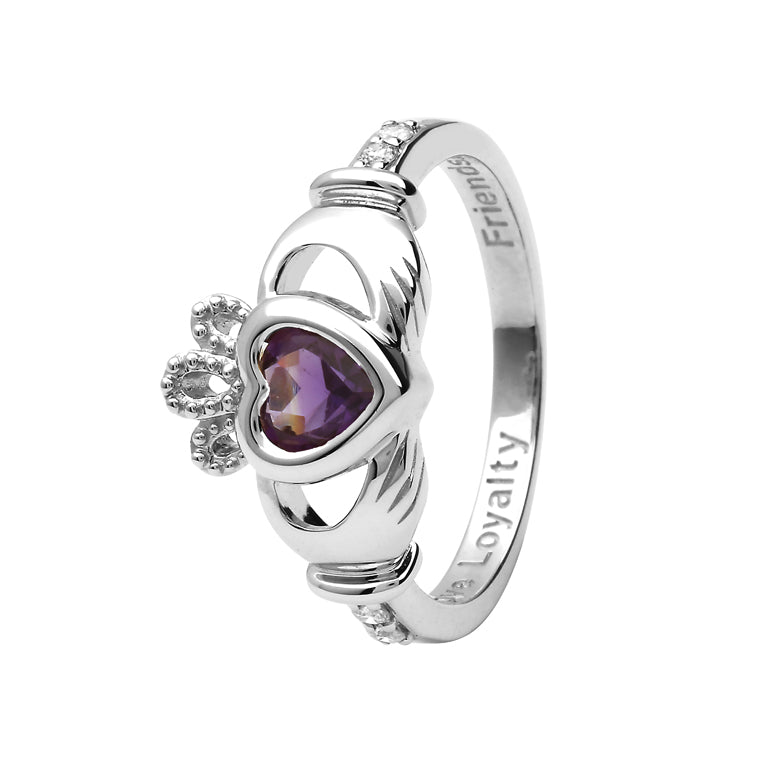 14ct White Gold Amethyst February Birthstone Claddagh Ring