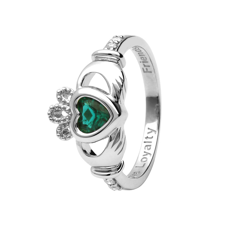 14ctWhite Gold Emerald May Birthstone Claddagh Ring