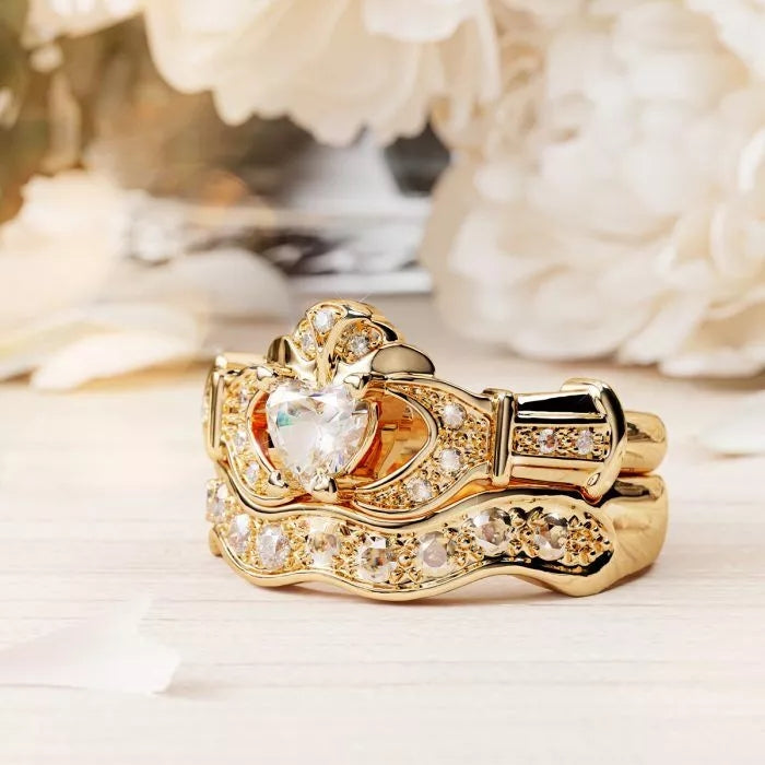 14ct Yellow Gold Diamond Claddagh Ring with Matching Wedding Band