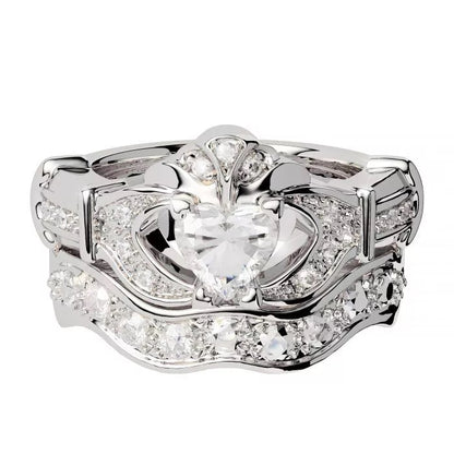 14ct White Gold Diamond Claddagh Ring with Matching Wedding Band