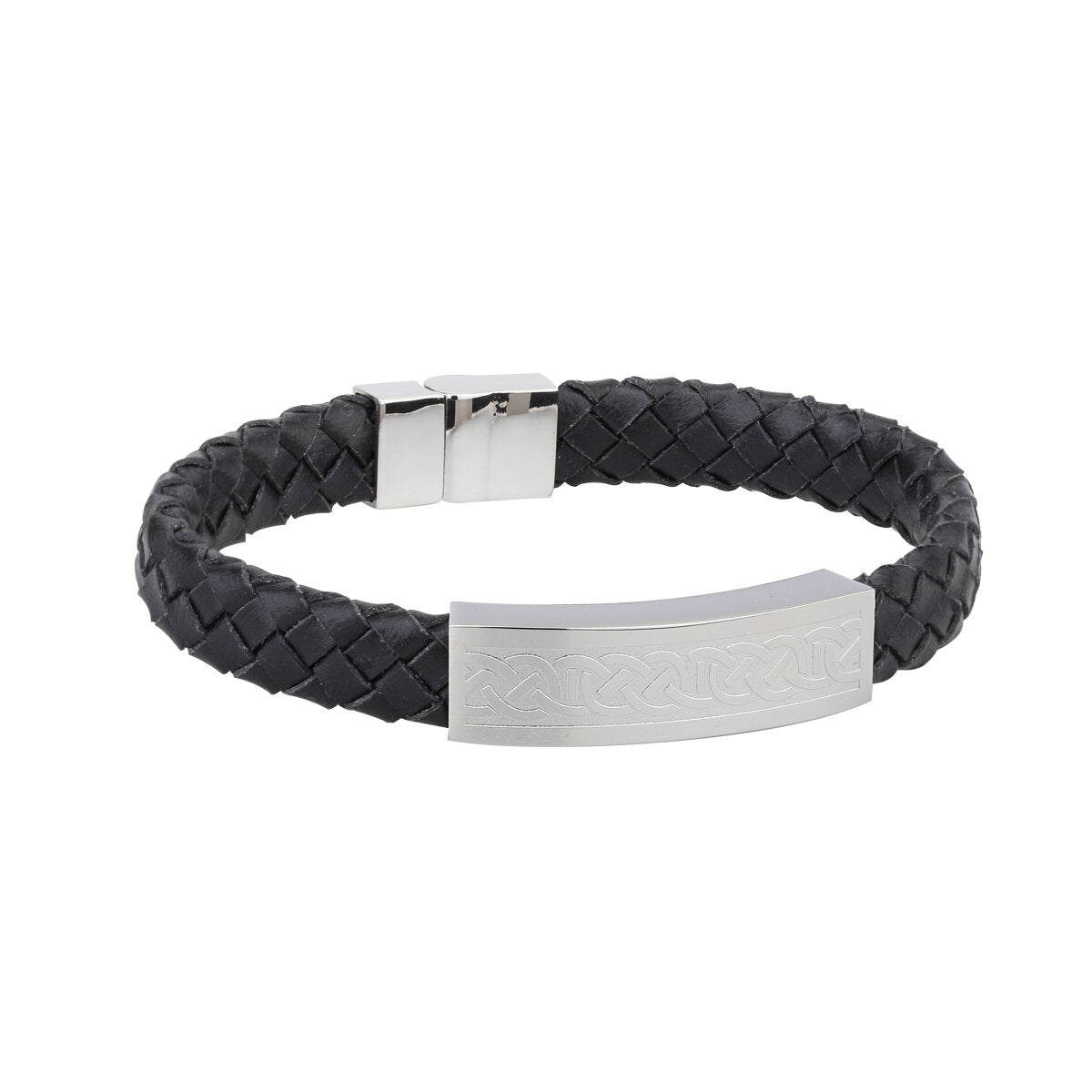 Men's Steel Black Leather Celtic Knot Bracelet