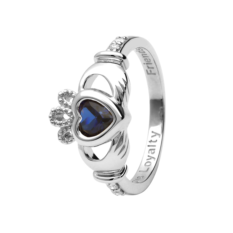 14ct White Gold Blue Sapphire September Birthstone Claddagh Ring