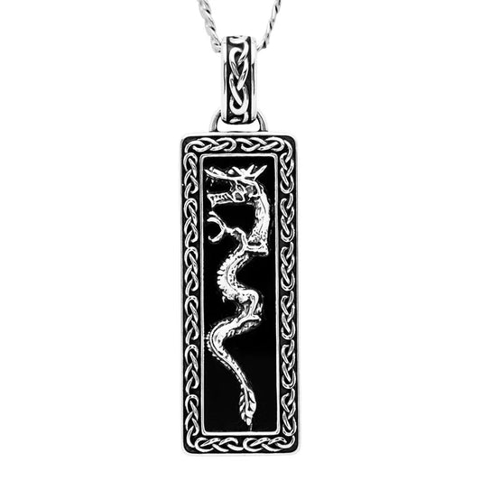 Men's Sterling Silver Black Onyx Dragon Pendant