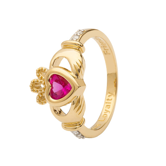 14ct Yellow  Gold Pink Sapphire October Birthstone Claddagh Ring