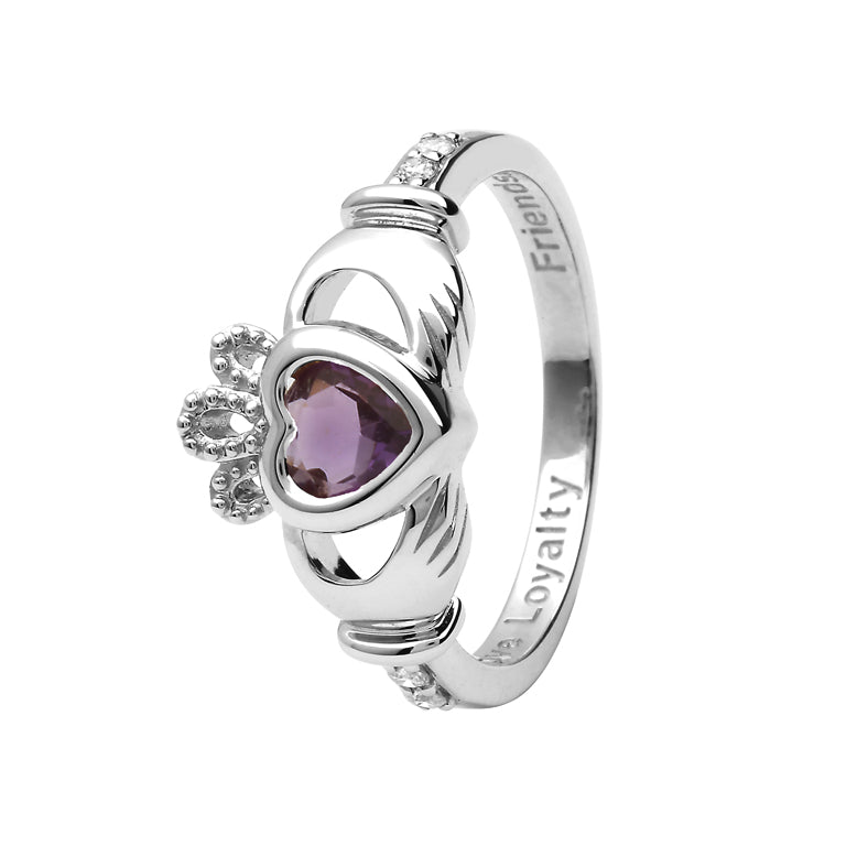 14ctWhite Gold Light Amethyst June Birthstone Claddagh Ring