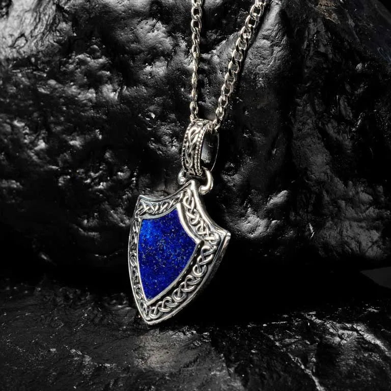 Men's Sterling Silver Celtic Blue Lapis Shield Pendant