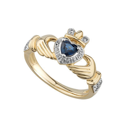 14ct Yellow Gold Sapphire and Diamond Claddagh Ring