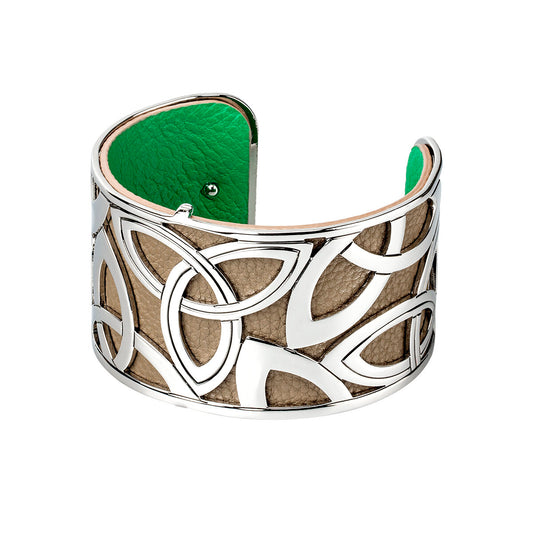 Rhodium plated Trinity Knot Leather Cuff Bangle - Wide