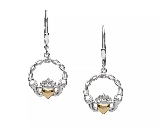 Sterling Silver Claddagh Drop Earrings with 10ct Gold Heart