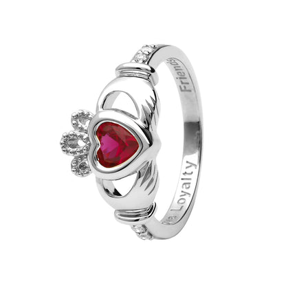 14ct White Gold Ruby July Birthstone Claddagh Ring