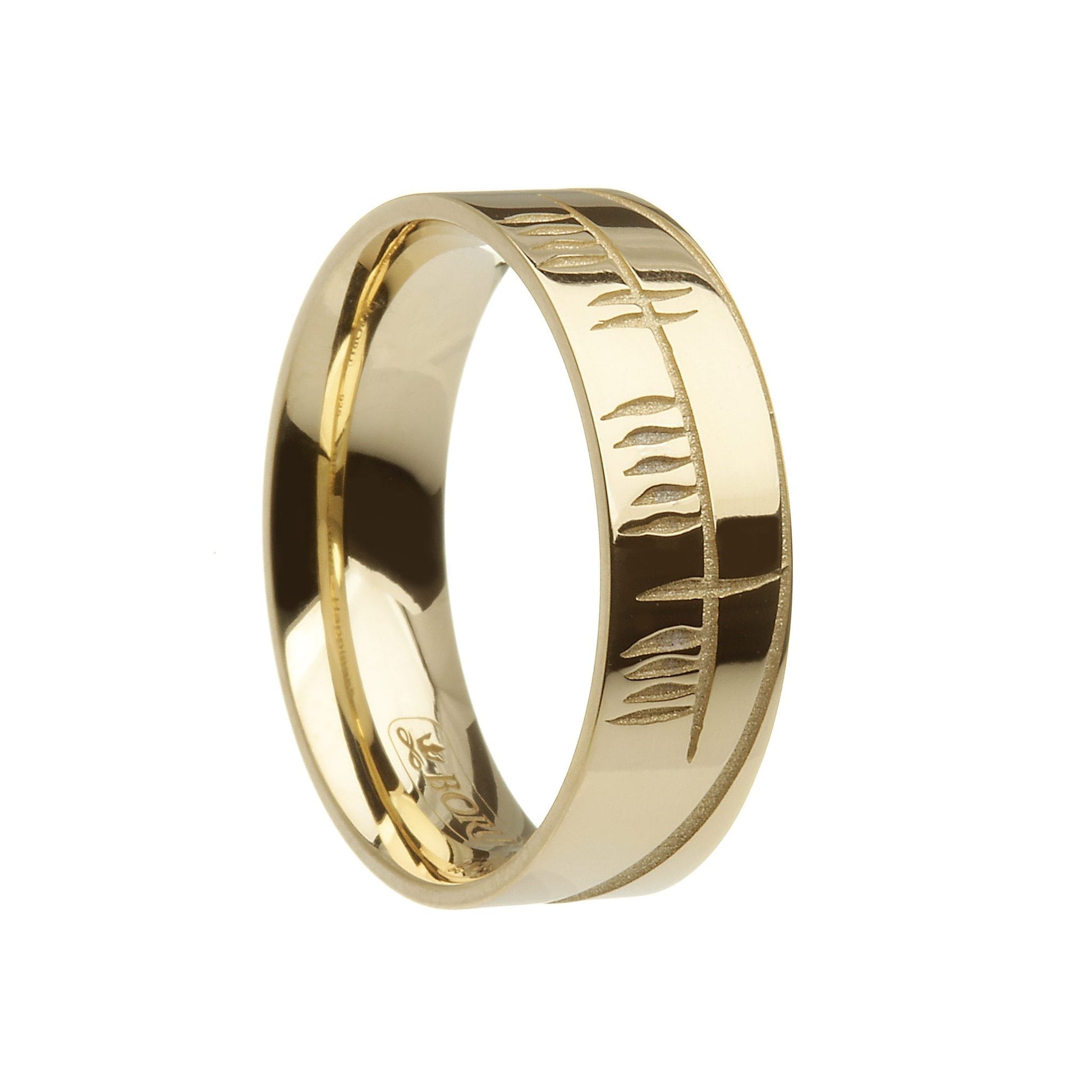 Yellow Gold Ogham Sonas Wedding Ring - Wide