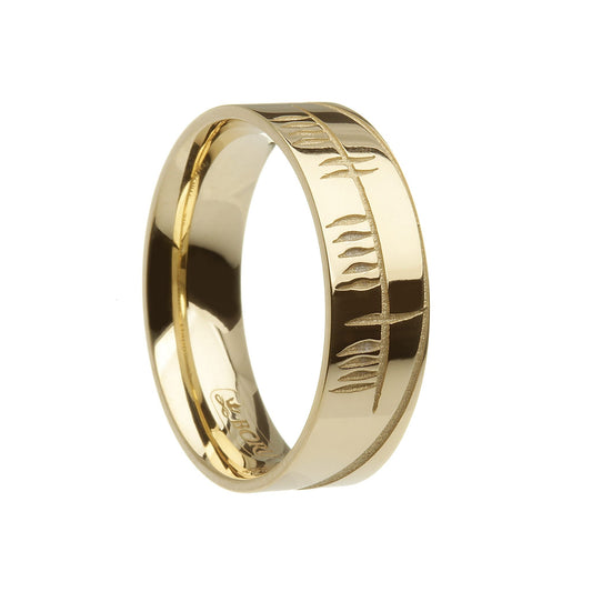 Yellow Gold Ogham Sonas Wedding Ring - Wide