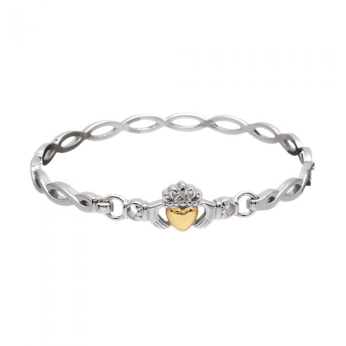 Sterling Silver Claddagh Bangle With Solid 10ct Gold Heart