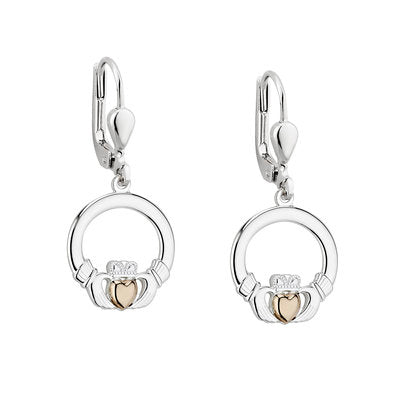 Sterling Silver Claddagh Drop Eearrings with 10ct Gold Heart