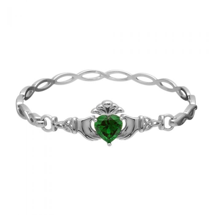 Sterling Silver Green Zirconia Claddagh Bangle