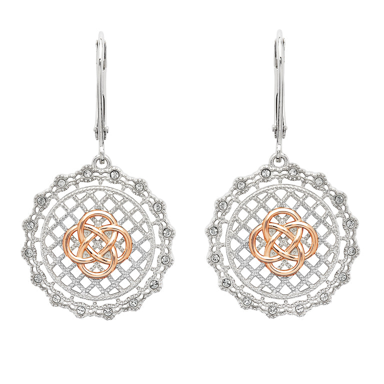 Sterling Silver Irish Lace Rose Gold Plated Celtic Knot Drop Earrings