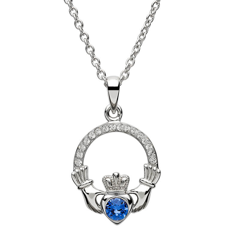 Sterling Silver Claddagh September Birthstone Pendant with Swarovski Crystals