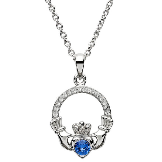 Sterling Silver Claddagh September Birthstone Pendant with Swarovski Crystals