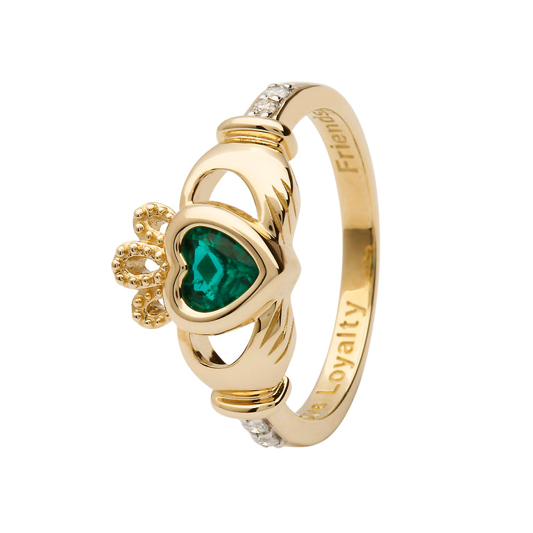 14ctYellow Gold Emerald May Birthstone Claddagh Ring