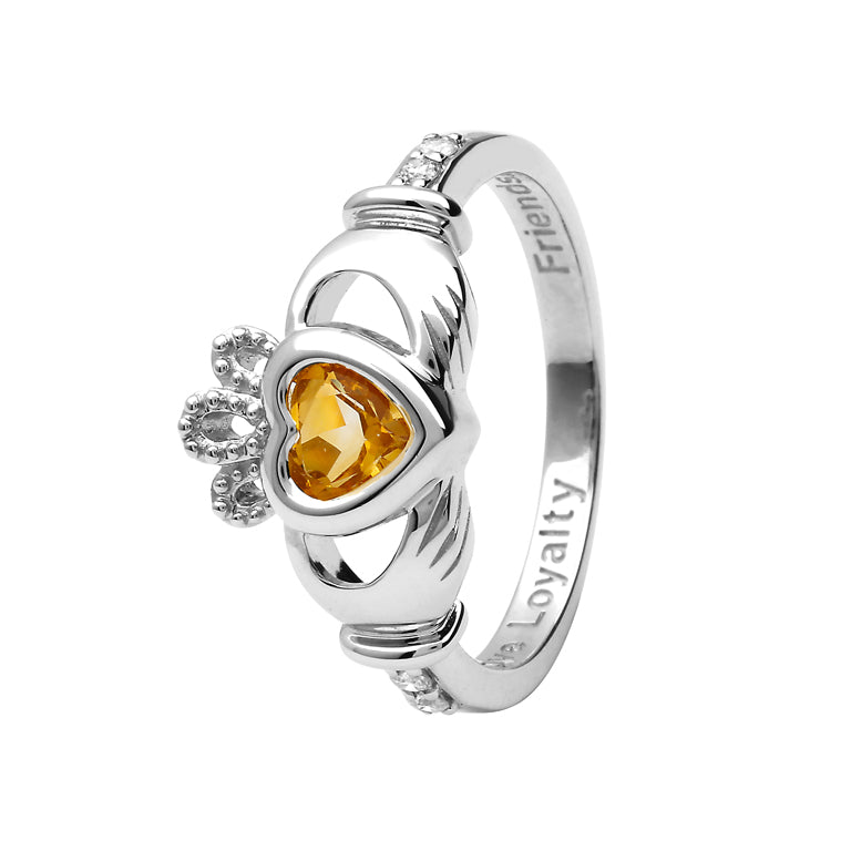 14ct White  Gold Citrine November Birthstone Claddagh Ring